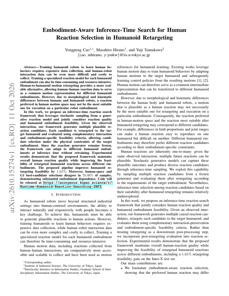 Embodiment-Aware Inference-Time Search for Human Reaction Selection in Humanoid Retargeting visual