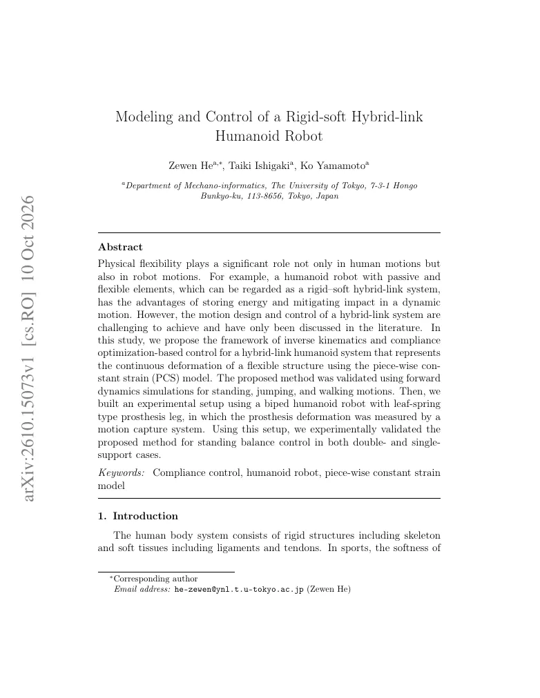 Modeling and Control of a Rigid-soft Hybrid-link Humanoid Robot visual