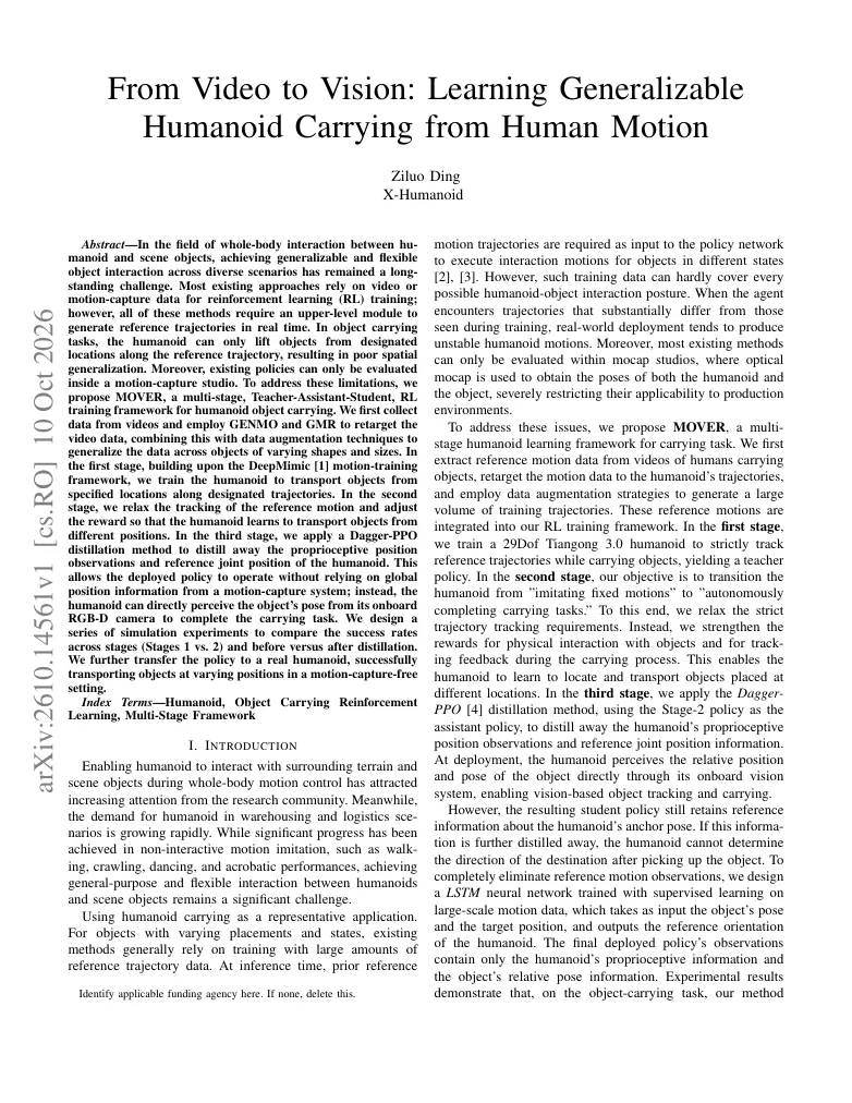 From Video to Vision: Learning Generalizable Humanoid Carrying from Human Motion visual