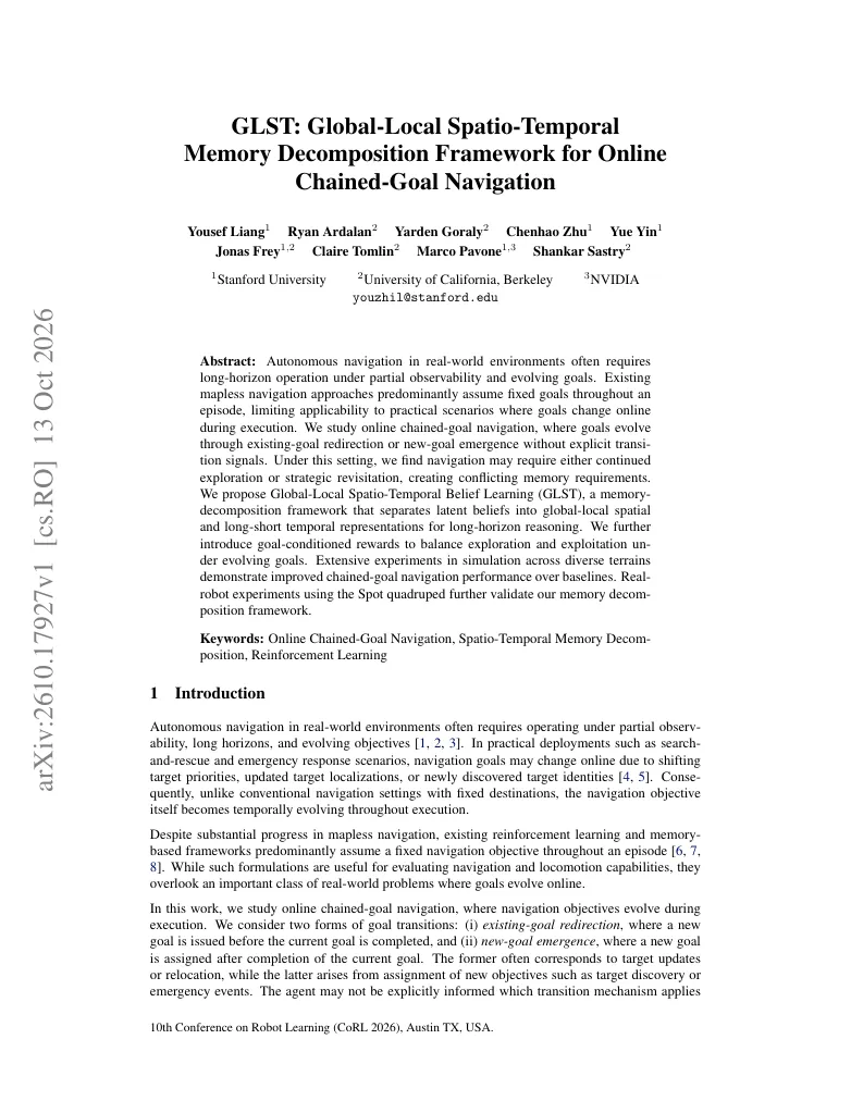 GLST: Global-Local Spatio-Temporal Memory Decomposition Framework for Online Chained-Goal Navigation visual
