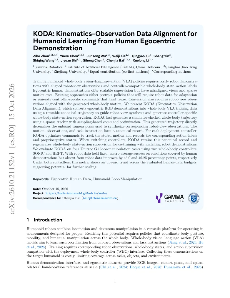 KODA: Kinematics--Observation Data Alignment for Humanoid Learning from Human Egocentric Demonstration visual