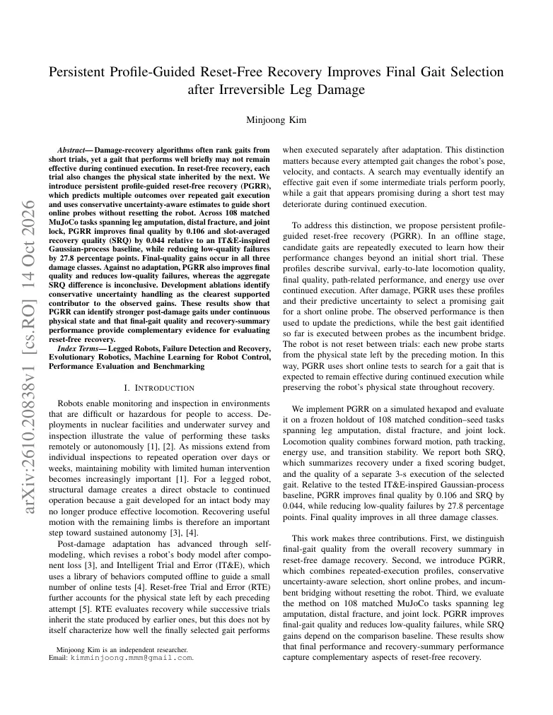 Persistent Profile-Guided Reset-Free Recovery Improves Final Gait Selection after Irreversible Leg Damage visual