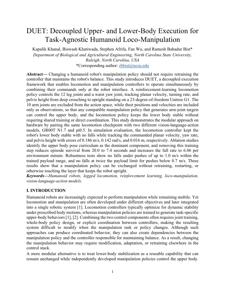 DUET: Decoupled Upper- and Lower-Body Execution for Task-Agnostic Humanoid Loco-Manipulation visual