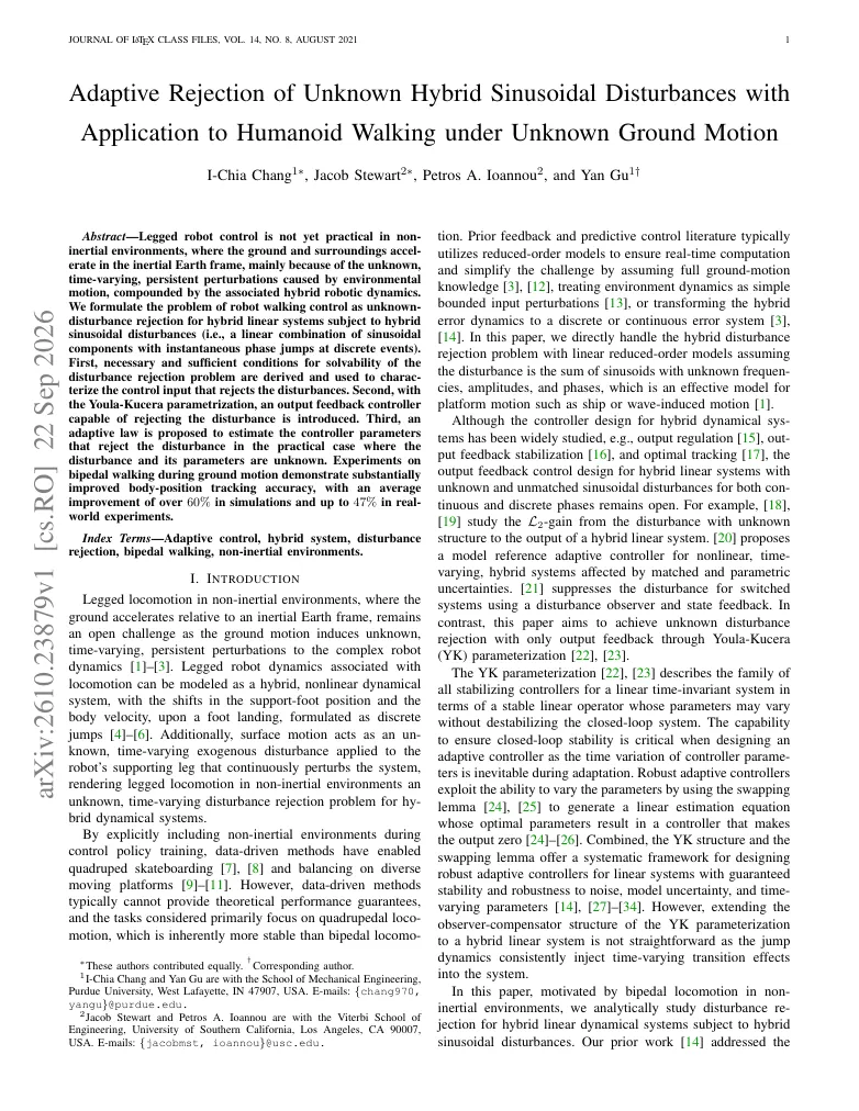 Adaptive Rejection of Unknown Hybrid Sinusoidal Disturbances with Application to Humanoid Walking under Unknown Ground Motion visual