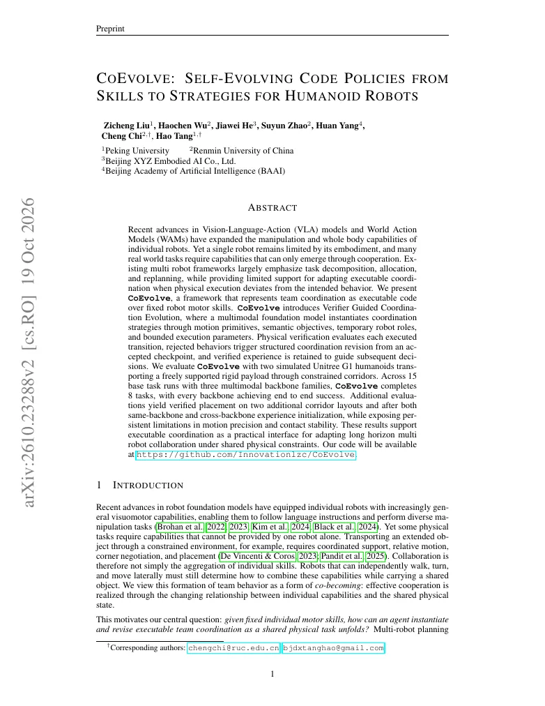 CoEvolve: Self-Evolving Code Policies from Skills to Strategies for Humanoid Robots visual
