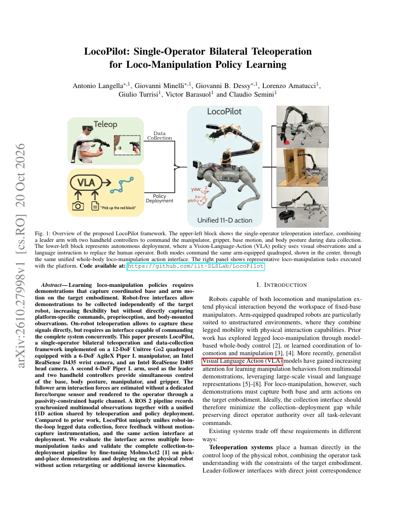 LocoPilot: Single-Operator Bilateral Teleoperation for Loco-Manipulation Policy Learning visual