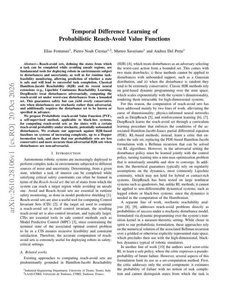 Temporal Difference Learning of Probabilistic Reach-Avoid Value Functions visual