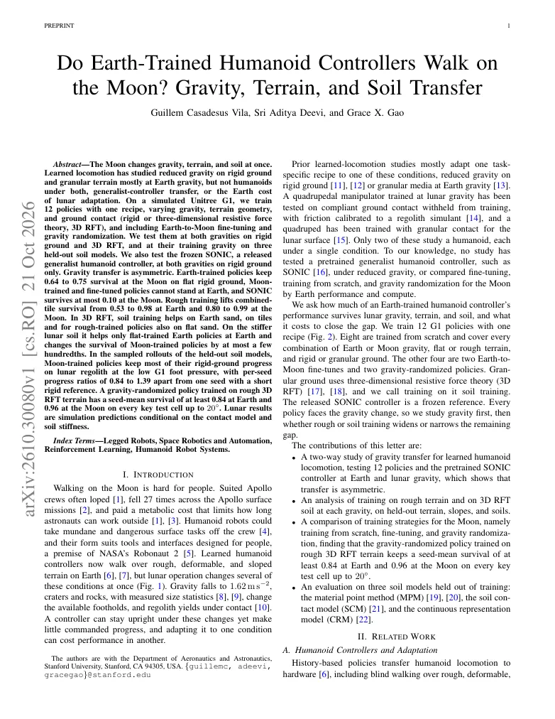 Do Earth-Trained Humanoid Controllers Walk on the Moon? Gravity, Terrain, and Soil Transfer visual