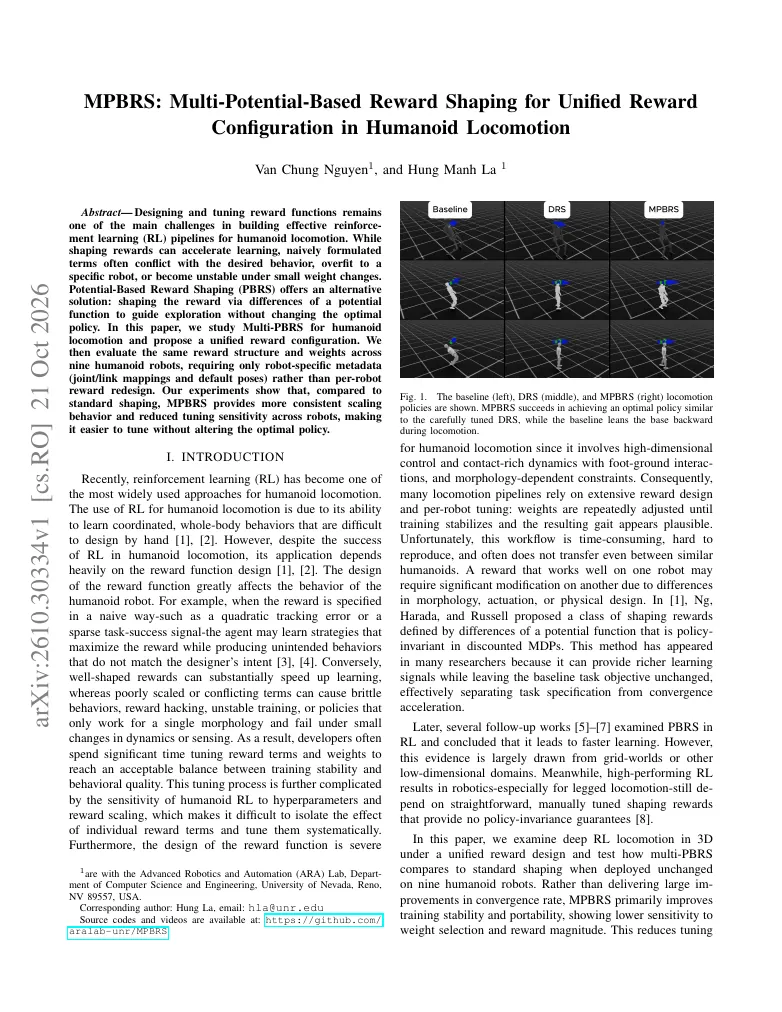 MPBRS: Multi-Potential-Based Reward Shaping for Unified Reward Configuration in Humanoid Locomotion visual