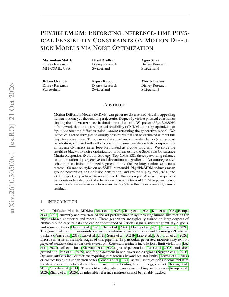 PhysibleMDM: Enforcing Inference-Time Physical Feasibility Constraints on Motion Diffusion Models via Noise Optimization visual